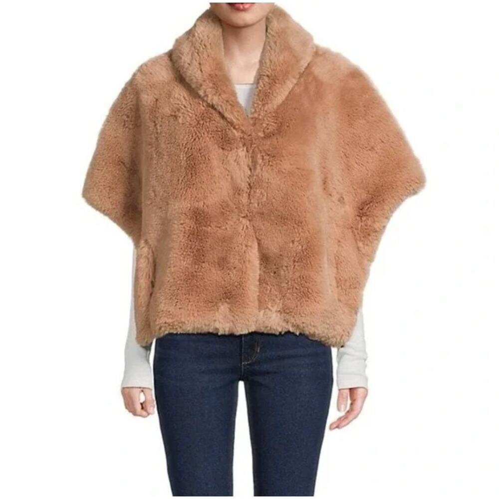 NWT La Fiorentina Faux Fur Cape Poncho Jacket with pockets Camel OS